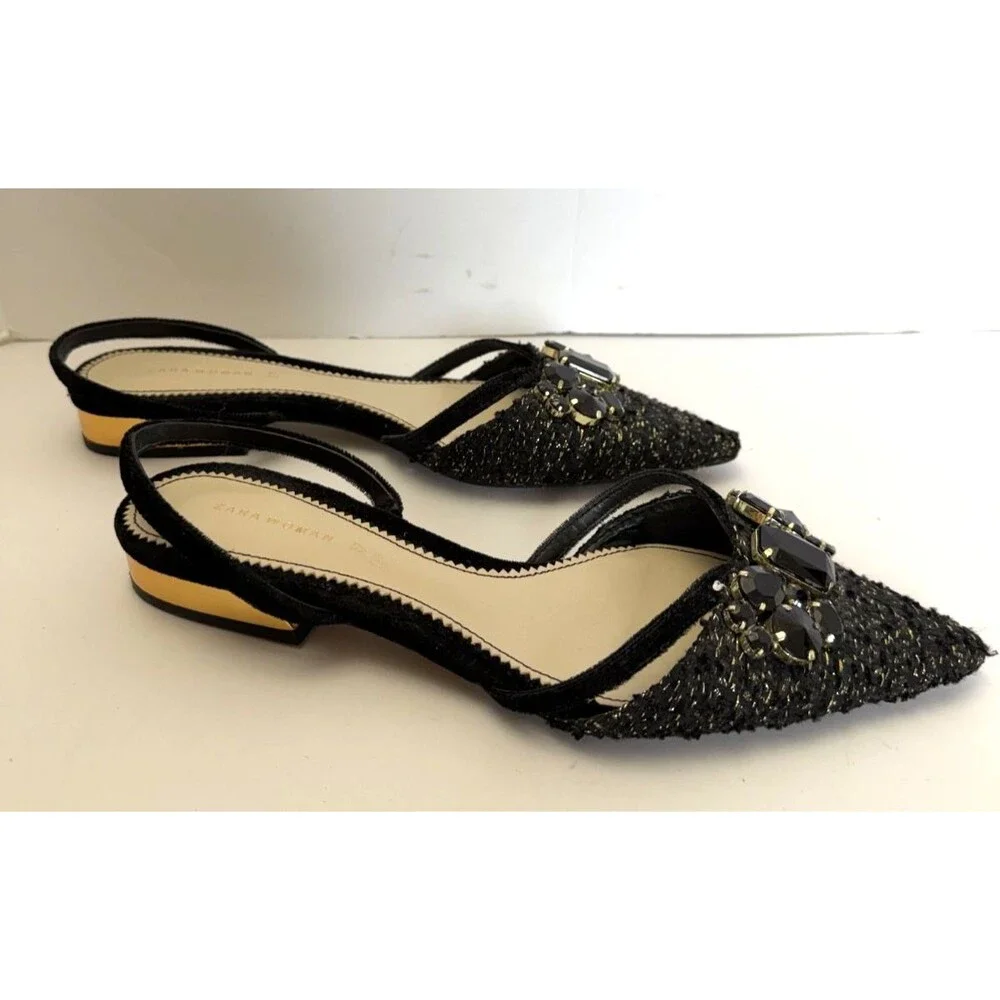 Zara Woman Black Tweed Jeweled Slingback Flats Gold Metallic Heel Sz EU 37/US 7